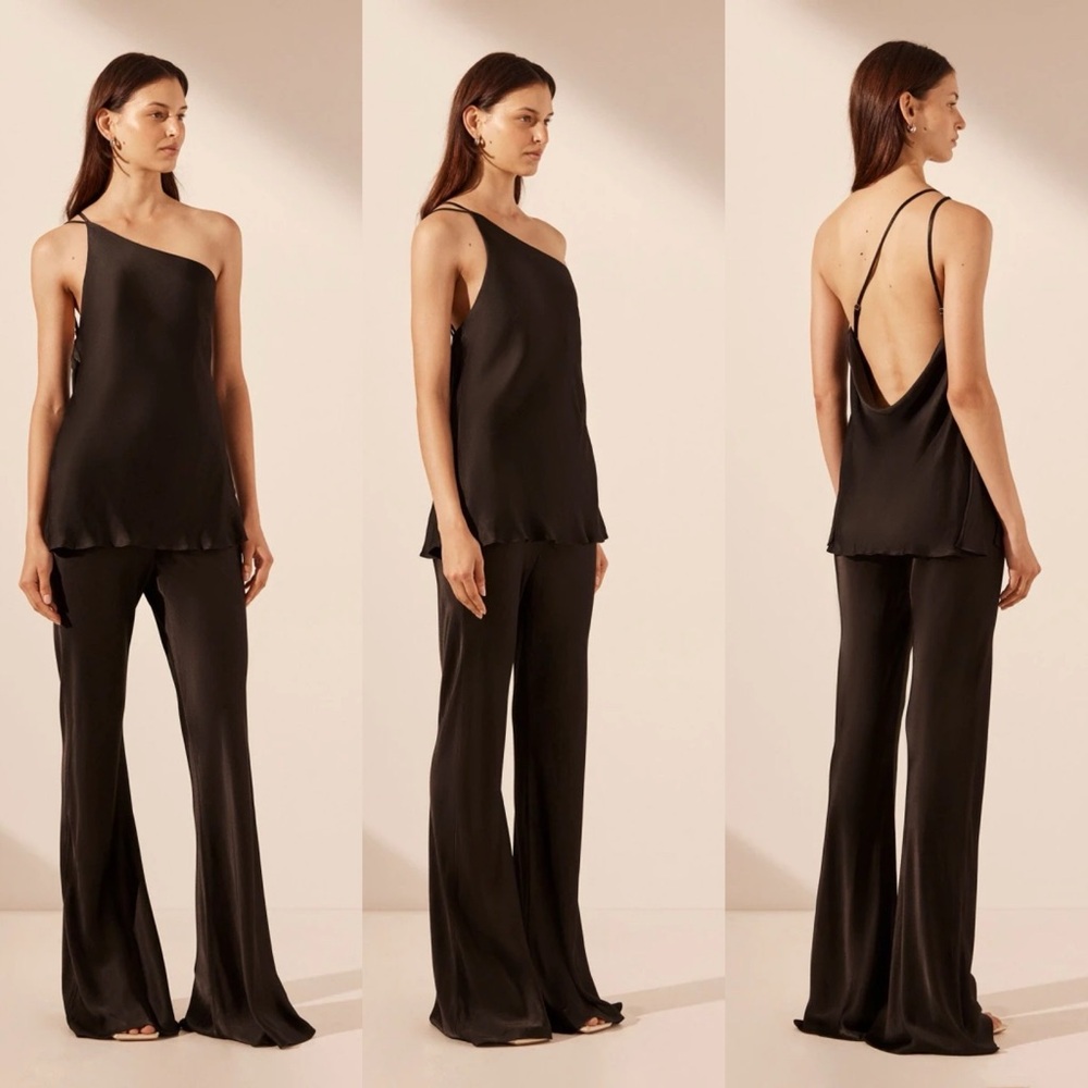 Shona Joy Mia One Shoulder Cowl Back Satin Top in Black